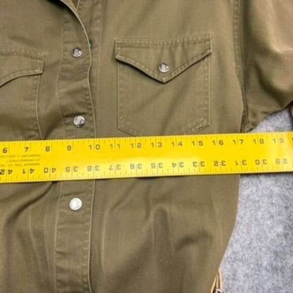 Liz Claiborne Shirt Dress Size L Olive Green Belted Snap Button Curved Hem Vtg - Picture 9 of 13